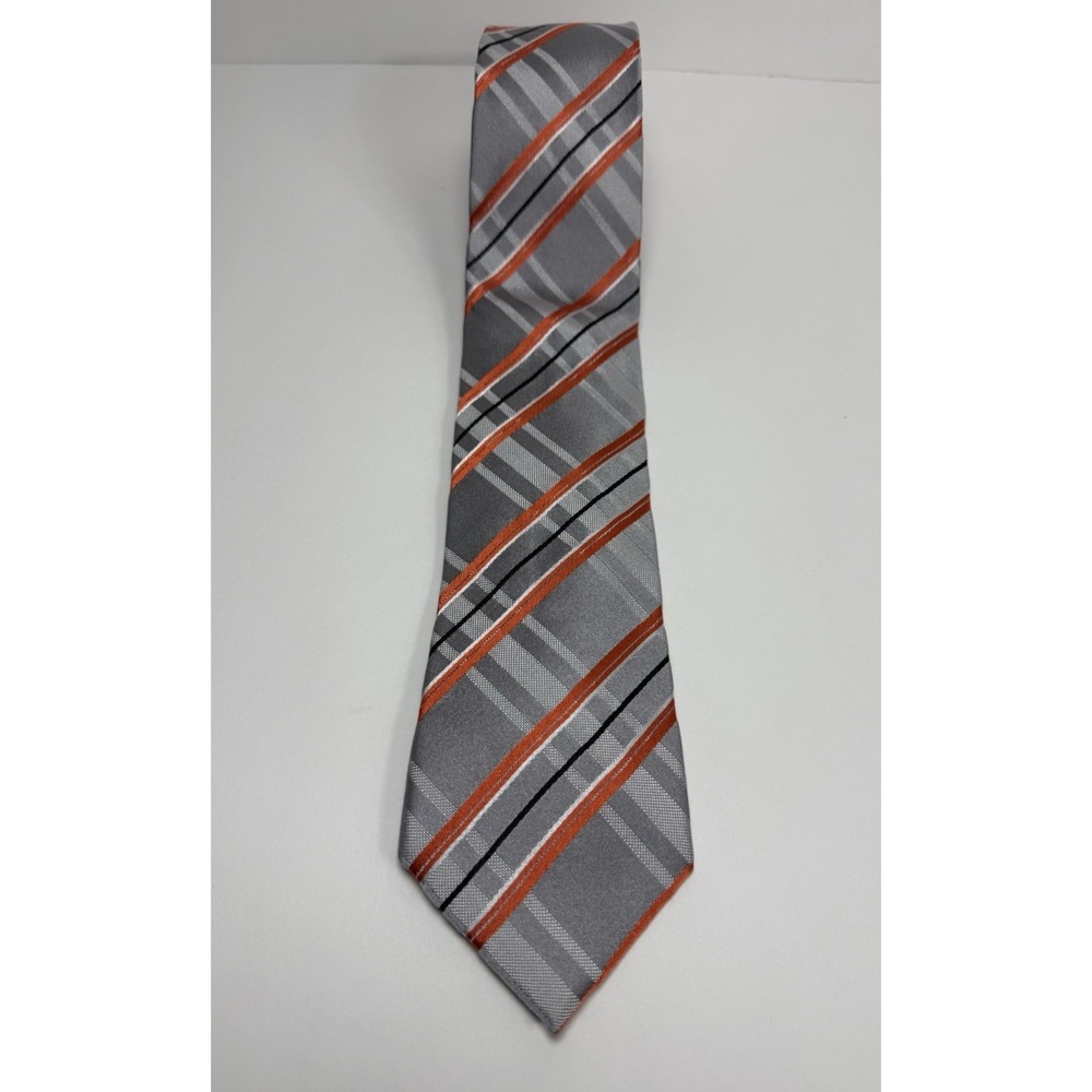 Alfani Men's Classic 100%‎ Silk Neck Tie Striped  Gray Orange Black